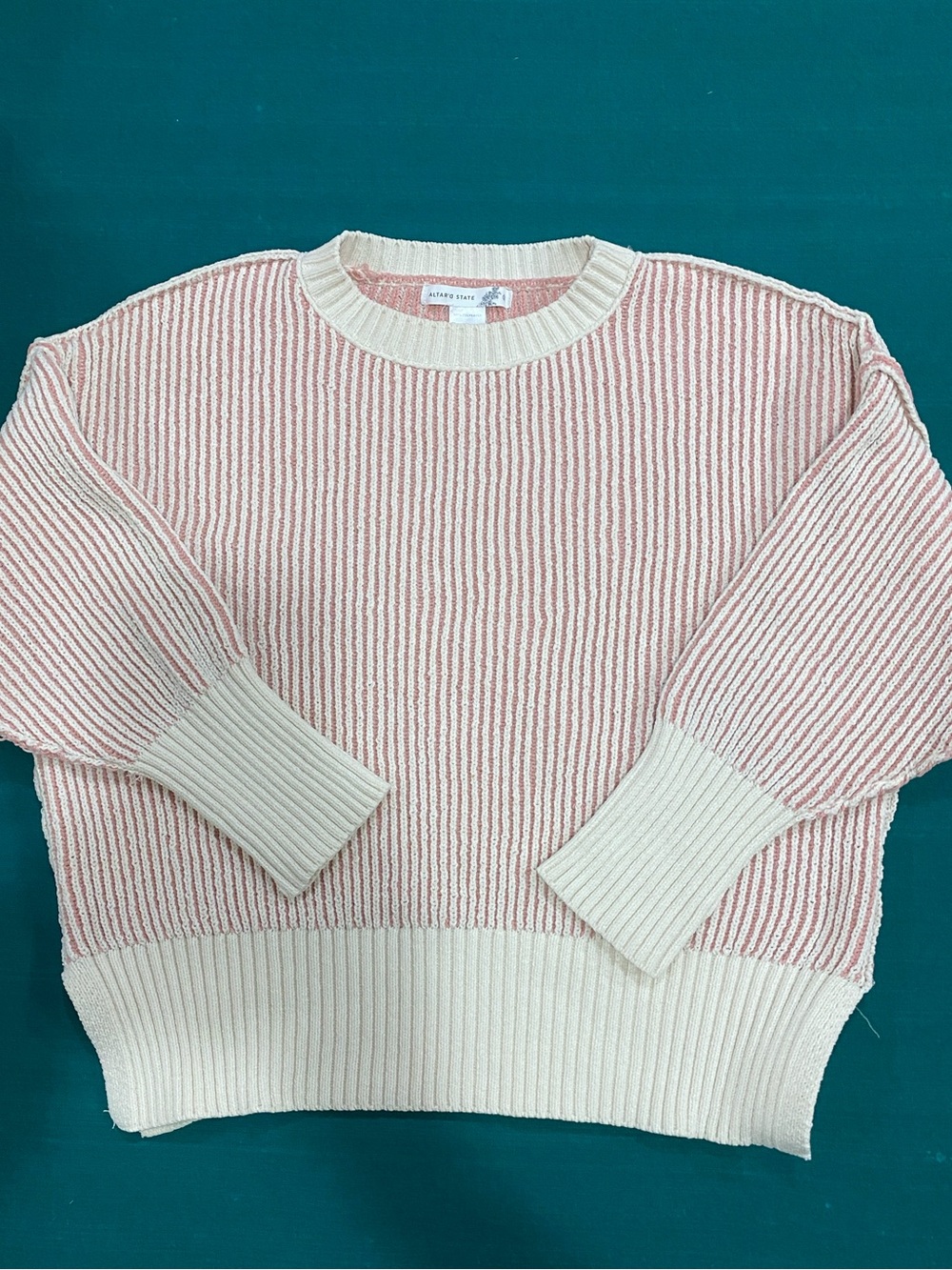 Altar'd State Pink Ribbed Inside Out Crewneck with Cream Trim Size S